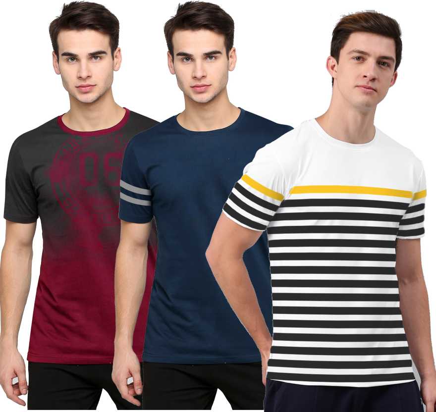 Jump Cuts Striped Men Round Neck Dark Bl