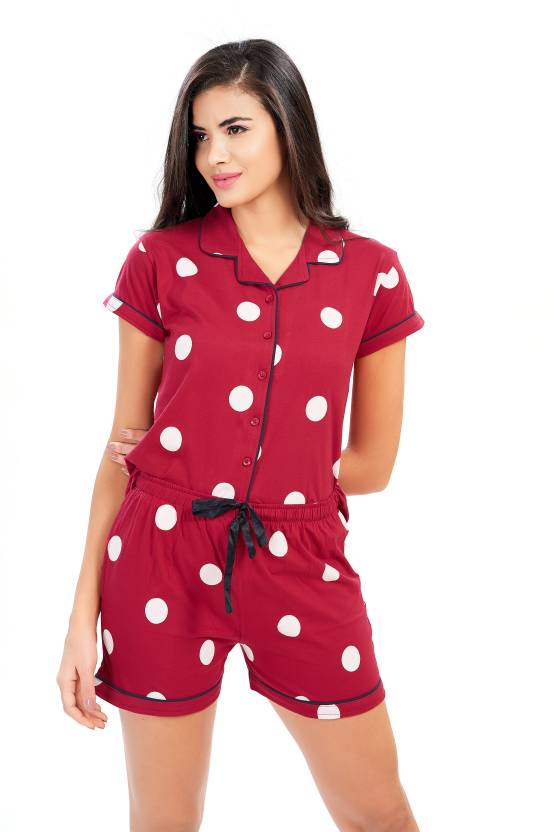 LOTIK Women Polka Print Maroon Top & Sho